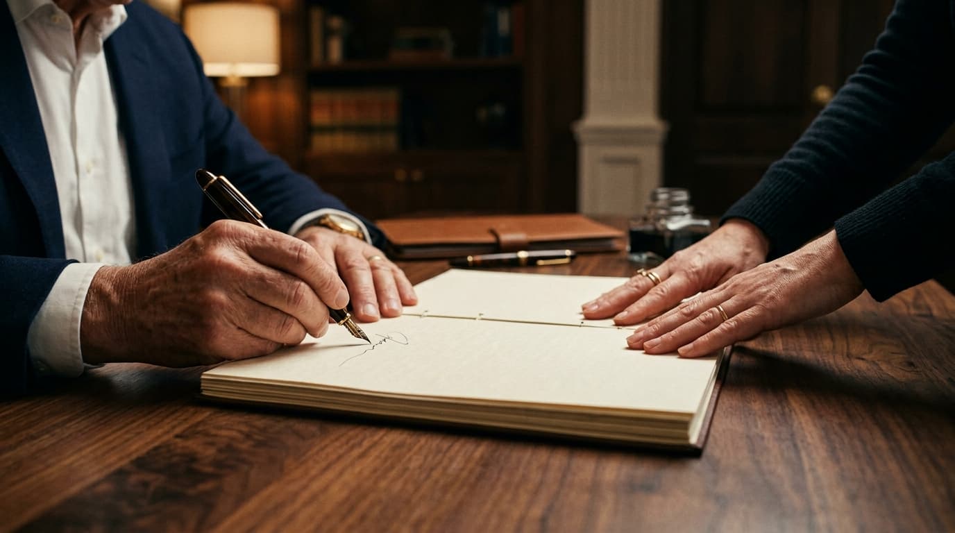 Two people signing a contract at a table