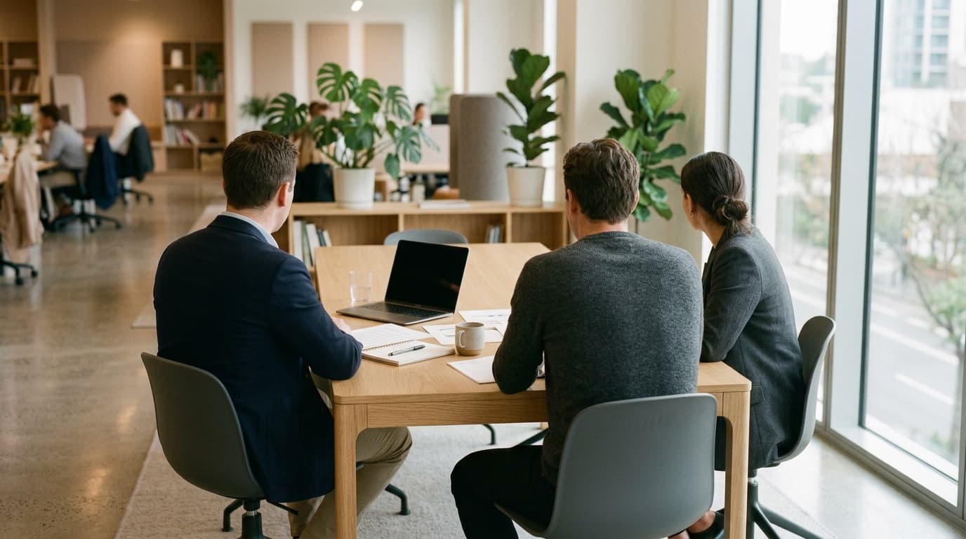 Three people talking around a table