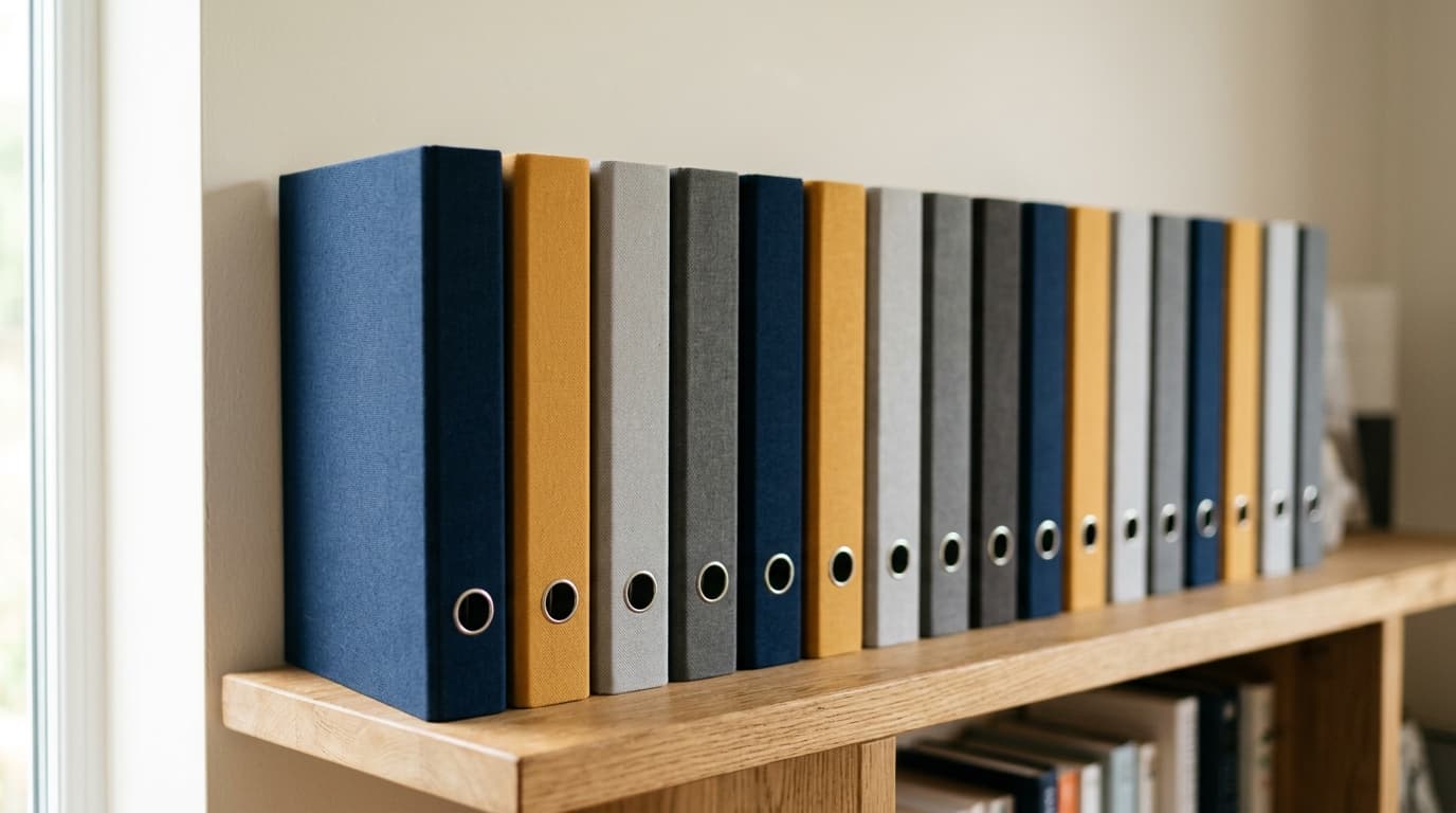 Colourful ring binders on a shelf