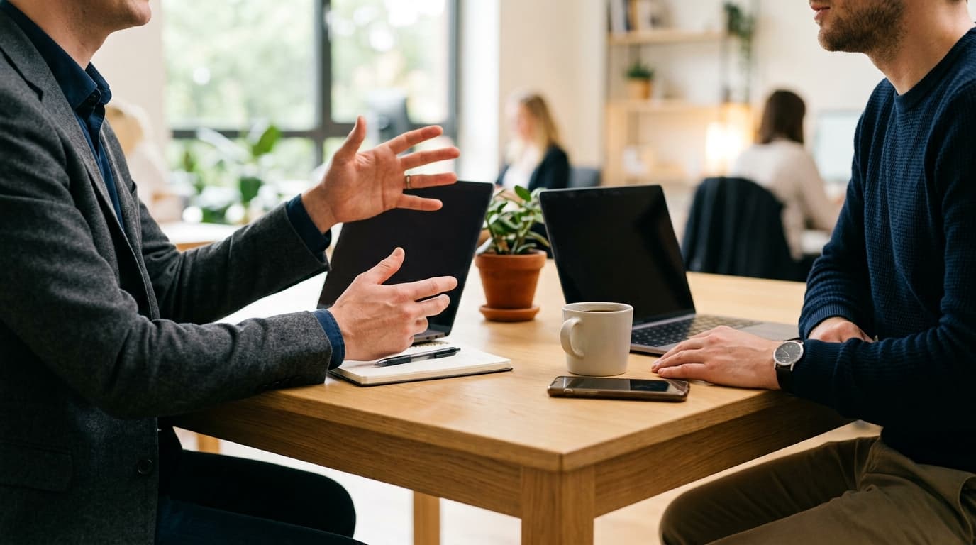 Two people talking over a laptop in an office