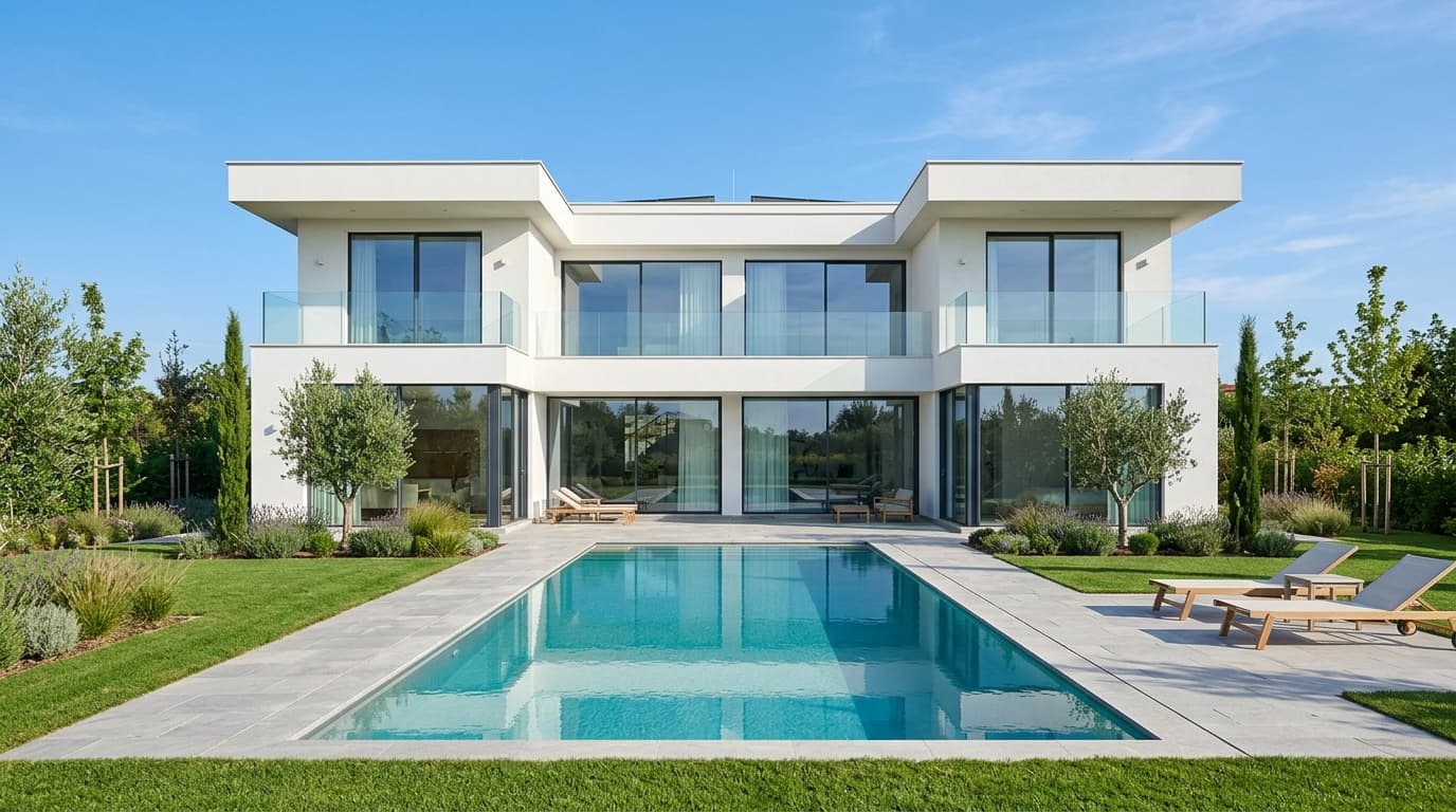A two-storey white villa with a pool