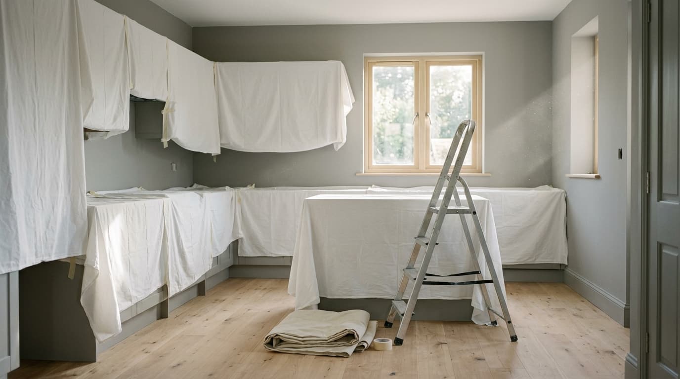 A kitchen under renovation, cabinets covered with sheeting
