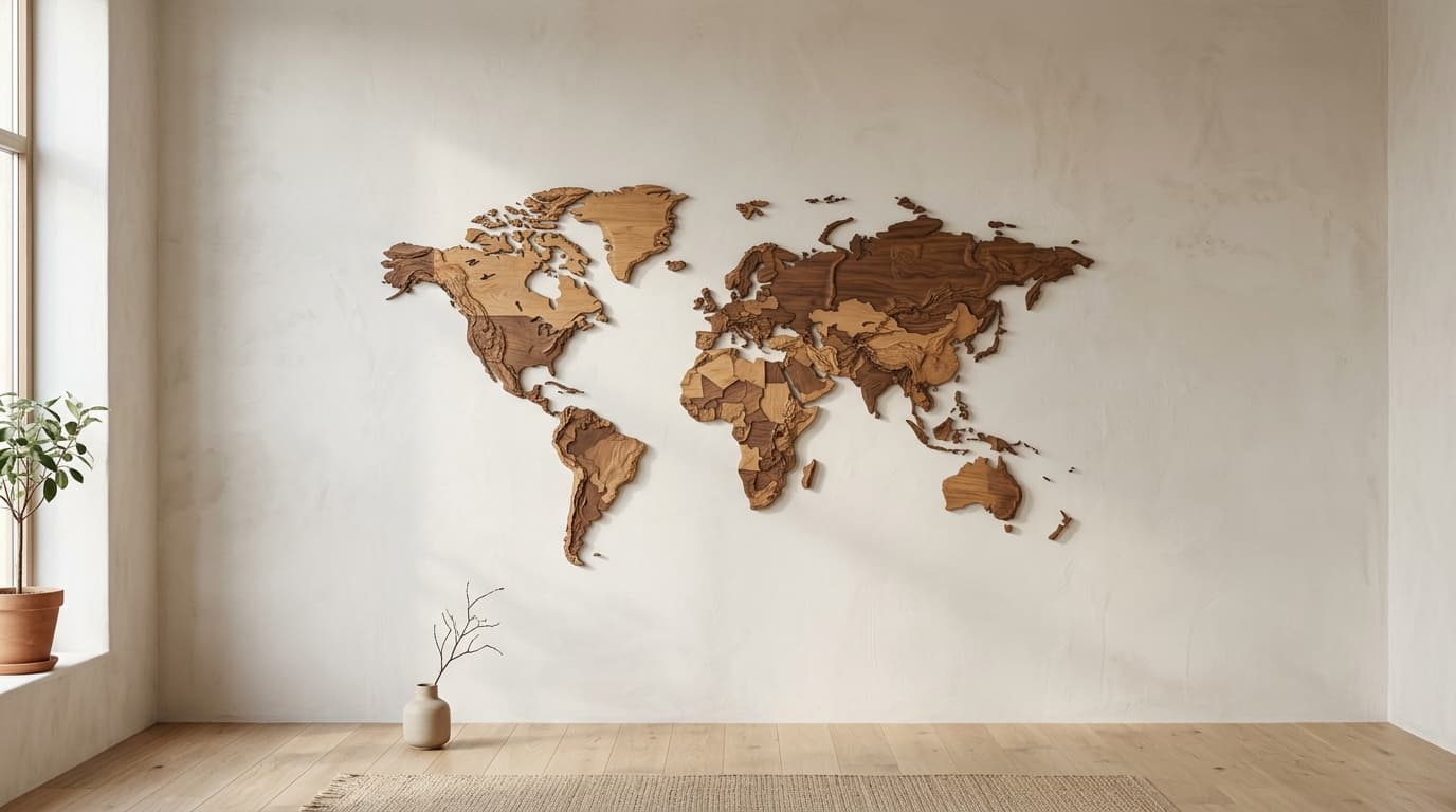 A wooden world map hanging on a wall
