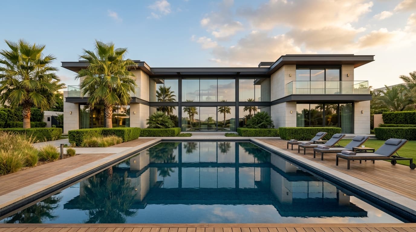 A modern villa with a pool and glass frontage