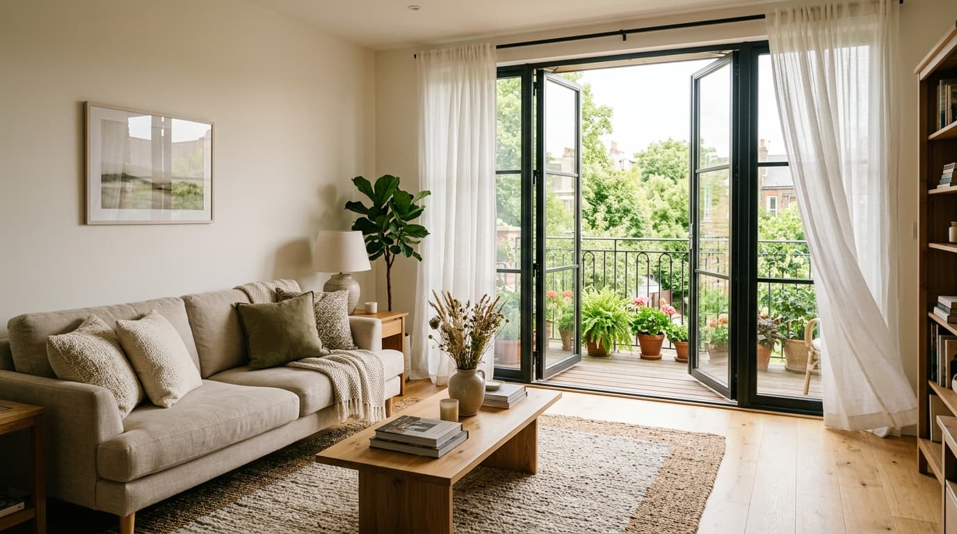 A furnished flat's living room opening onto a balcony